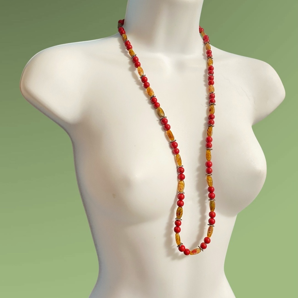 Bohemian Glass Beads Red & Orange/Rust Colored Long Necklace